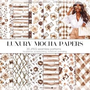 Puede incluir: Un conjunto de 20 diseños de papel digital con una paleta de colores moka. Los patrones incluyen diseños florales, cuadros, rayas y patrones geométricos. El texto "LUXURY MOCHA PAPERS" está en la parte superior de la imagen.
