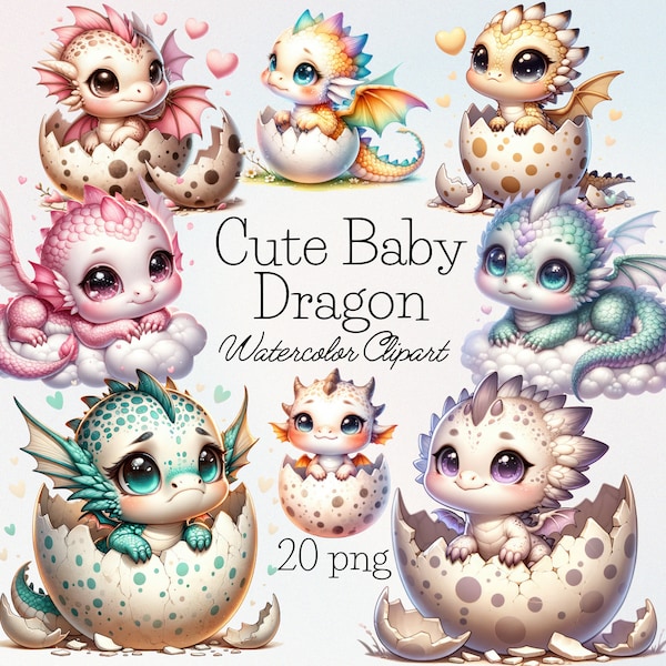 Watercolor Dragon Clipart, Cute Dragon Clipart Set, Dragon Kingdom, Pastel Baby Dragons PNG, Fantasy Clipart Bundle, Nursery Decor Dragon