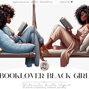 Zwarte meisjes lezen clipart, boekenliefhebber clipart, meisje met koffie clipart, zelfliefde clipart, zwarte meid Print of Demand, African American