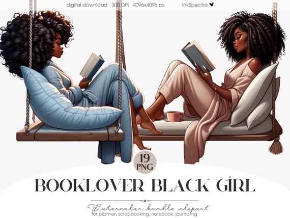 Black Girl Reading Clipart, Book Lover PNG (Digital Download)