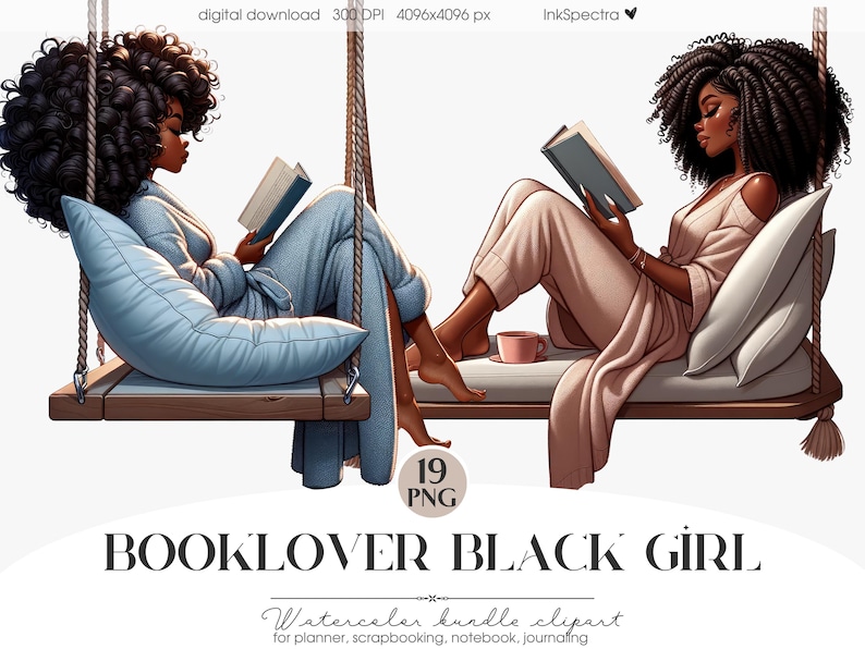 Black Girl Reading Clipart, Book Lover PNG (Digital Download) image 1