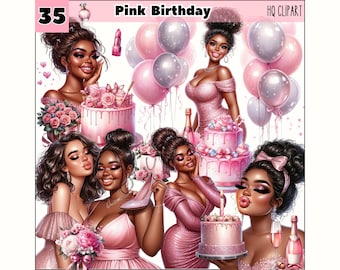 Pink Birthday Black Girl Clipart, Anniversary, Sublimation PNG (Digital Download)