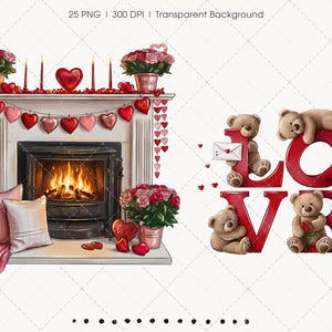 May include: Watercolor illustration featuring a fireplace decorated with hearts, candles, and roses. The word "LOVE" is spelled out with red letters, accompanied by teddy bears. A romantic and festive theme.
