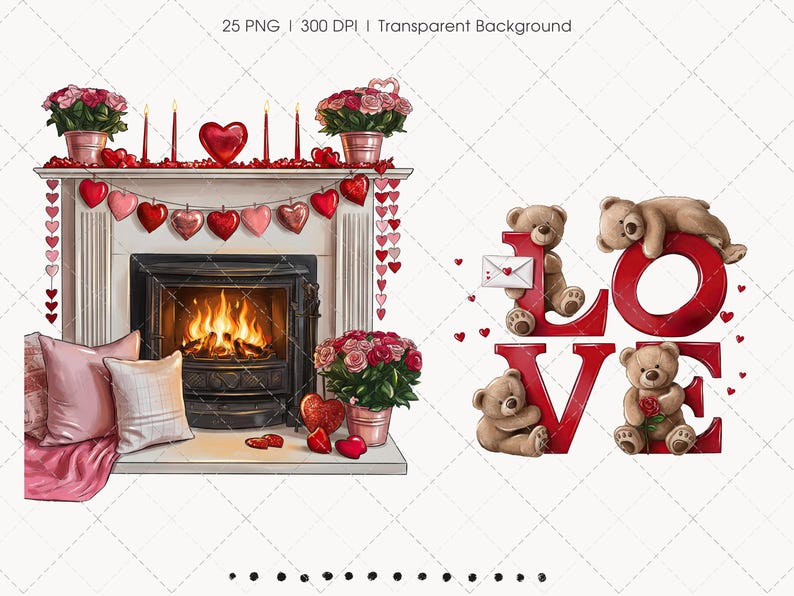 May include: Watercolor illustration featuring a fireplace decorated with hearts, candles, and roses. The word "LOVE" is spelled out with red letters, accompanied by teddy bears. A romantic and festive theme.