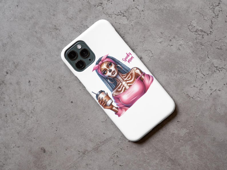 May include: White iPhone case with a colorful illustration of a skeleton woman with blue hair wearing a pink shirt and holding a coffee cup. The text "Spooky Mom" is printed on the case.