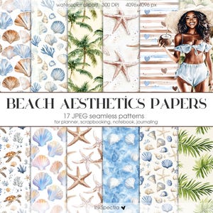 Paquete de papeles de acuarela oceánica, azul cielo neutro, océano JPEG, papel con plantas de playa, palmeras de coco, olas de playa, patrones sin costuras, scrapbooking