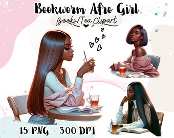 Watercolor Book Lover Clipart, Black Woman Reading, Tea Time (PNG Digital Download)