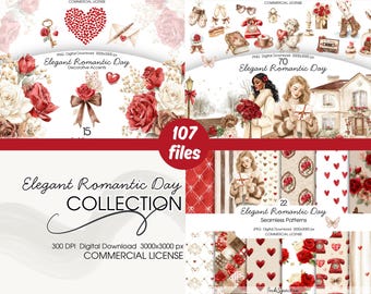 May include: A digital download collection titled "Elegant Romantic Day" with decorative accents and seamless patterns. The image features watercolor illustrations of roses, hearts, and vintage elements. Includes the text "107 files" and "Commercial License".