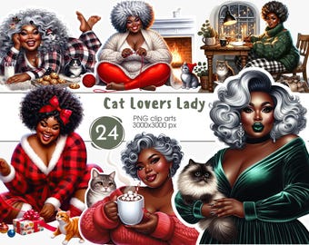 Curvy Black Woman Cat Lovers Clipart, Cozy Festive PNG Bundle