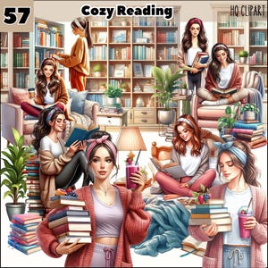 Aquarel gezellig lezen clipart, boekenwurm leven clipart, thuisbibliotheek clipart, gezellig boek clipart, boekenliefhebber ClipArt, lezing meisje bundel png