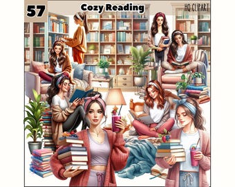Aquarel gezellig lezen clipart, boekenwurm leven clipart, thuisbibliotheek clipart, gezellig boek clipart, boekenliefhebber ClipArt, lezing meisje bundel png