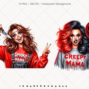 Pu&ograve; includere: Illustrazione digitale con due donne con trucco e abiti a tema Halloween. Una tiene un coltello e indossa un maglione rosso con la scritta "Spooky Mama". L'altra tiene un palloncino rosso e indossa un maglione grigio con la scritta "Creepy Mama".