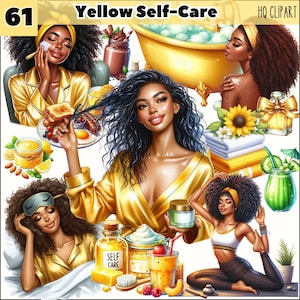 Black Girl Yellow Self-Care, Clipart de garota afro-americana, Magia de garota negra, Adesivos digitais GoodNotes para tons de pele escuros, Cuidados com a pele PNG