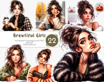 Clipart de Meninas Aconchegantes de Outono PNG: Abóbora, Especiarias, Café, Livros (Download Digital)