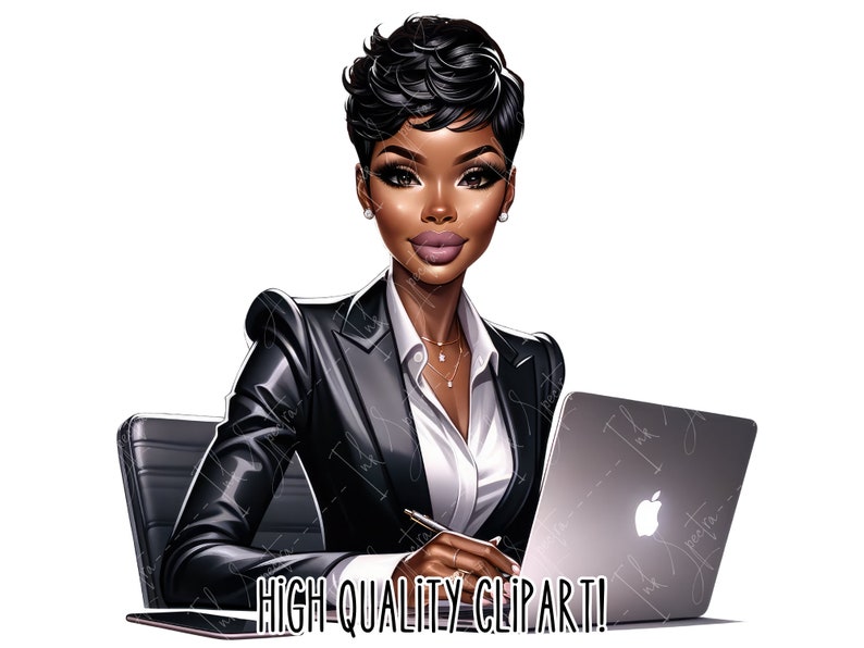Op de afbeelding: Een digitale illustratie van een zwarte vrouw met kort zwart haar, die een zwart blazer en een wit overhemd draagt, zittend aan een bureau met een laptop en een pen in haar hand. De laptop heeft een zilveren afwerking en een Apple-logo.