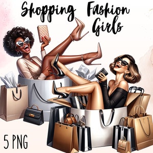 Illustration numérique aquarelle de fille fashion, Clipart shopping fond transparent, filles élégantes pour projets de bricolage, usage commercial
