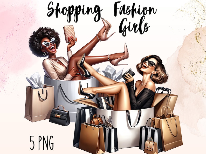 May include: Two women wearing sunglasses are sitting in a box filled with shopping bags. The women are wearing stylish outfits and holding shopping bags. The text "Shopping Fashion Girls" is written above the women. There are five PNG images in this set.