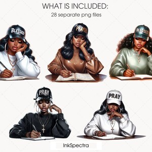 May include: Four digital illustrations of women wearing hats with religious words on them. Each woman is sitting at a desk with a notebook and pen. The hats say "Blessed", "Pray", "Pray", and "Blessed".