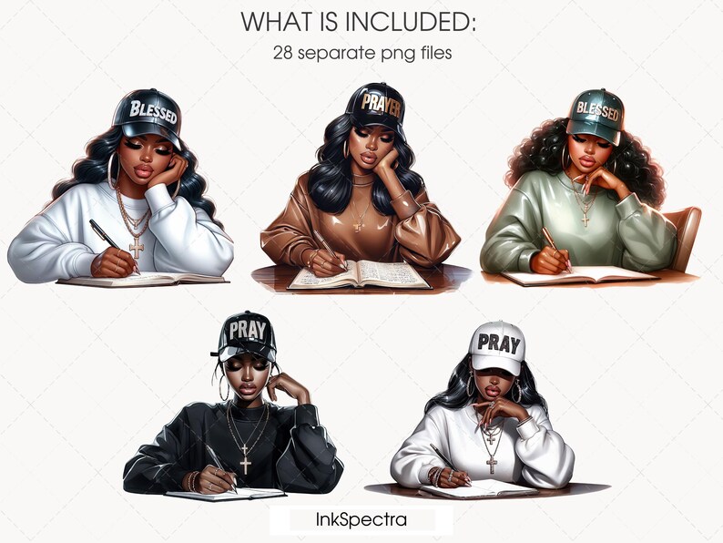 May include: Four digital illustrations of women wearing hats with religious words on them. Each woman is sitting at a desk with a notebook and pen. The hats say "Blessed", "Pray", "Pray", and "Blessed".