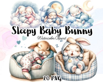 Watercolor Sleepy Baby Bunny Clipart, Baby Shower Bunny Clipart Wall Art, Cute Baby Animal Clipart, Nursery Wall Art Decor PNG, Printable