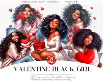 Valentine Black Girl Stickers | Romantic Clipart PNG | Fashion Girl Printable | Afro-American Love Aesthetic | Digital Download