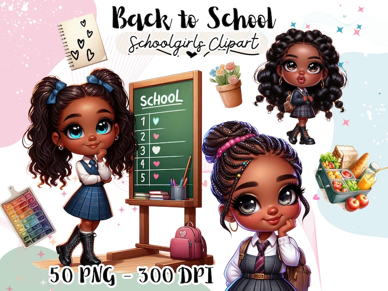 May include: Three digital illustrations of Black schoolgirls with brown hair. The girls are wearing blue and white plaid school uniforms. One girl is holding a book, another is standing in front of a chalkboard with the word "SCHOOL" written on it, and the third girl is holding a backpack. The image has the text "Back to School Schoolgirls Clipart" and "50 PNG - 300 DPI".