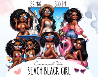 May include: Digital illustration of six Black women in various poses on a beach. They are wearing summer clothes, sunglasses, and accessories. The illustration is set against a background of a beach scene with palm trees, a flamingo, and a beach umbrella.