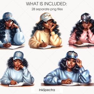 May include: Four digital illustrations of women wearing hats with religious messages. Each woman is sitting at a desk with a notebook and pen. The hats say "God", "God's Girl", "God First", and "God First".