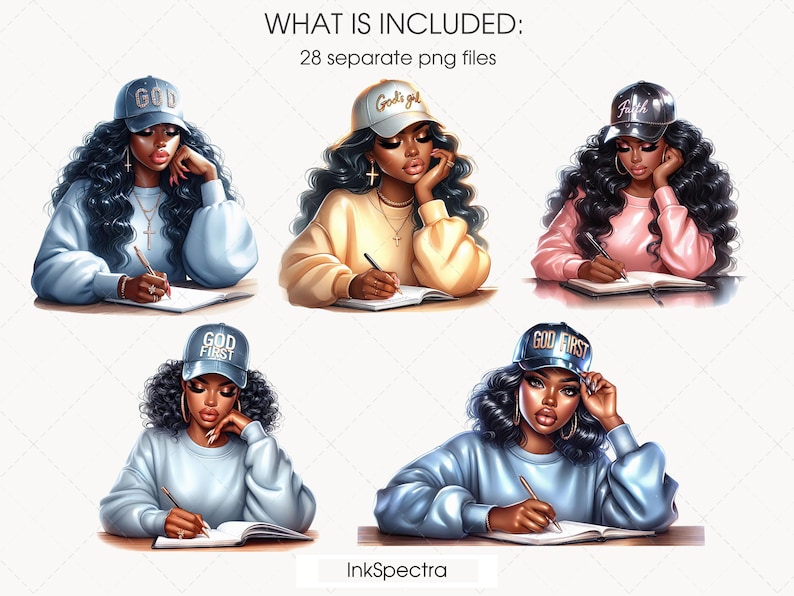 May include: Four digital illustrations of women wearing hats with religious messages. Each woman is sitting at a desk with a notebook and pen. The hats say "God", "God's Girl", "God First", and "God First".