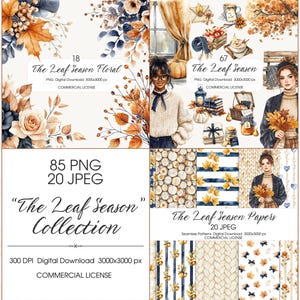 May include: Digital art collection titled "The Leaf Season" featuring floral designs, illustrations, and patterns. The image includes text indicating PNG and JPEG file formats, with a commercial license. The color palette includes shades of orange, blue, and beige.