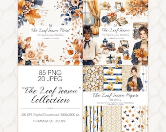 Watercolor Fall Clipart Bundle – Leaf Season, Floral PNG Patterns (Digital Download)