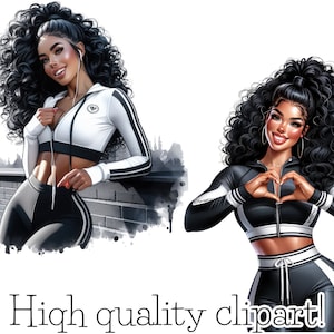 May include: Two women with long, curly black hair wearing black and white athletic outfits. One woman is standing with her hand on her hip, while the other woman is making a heart shape with her hands.