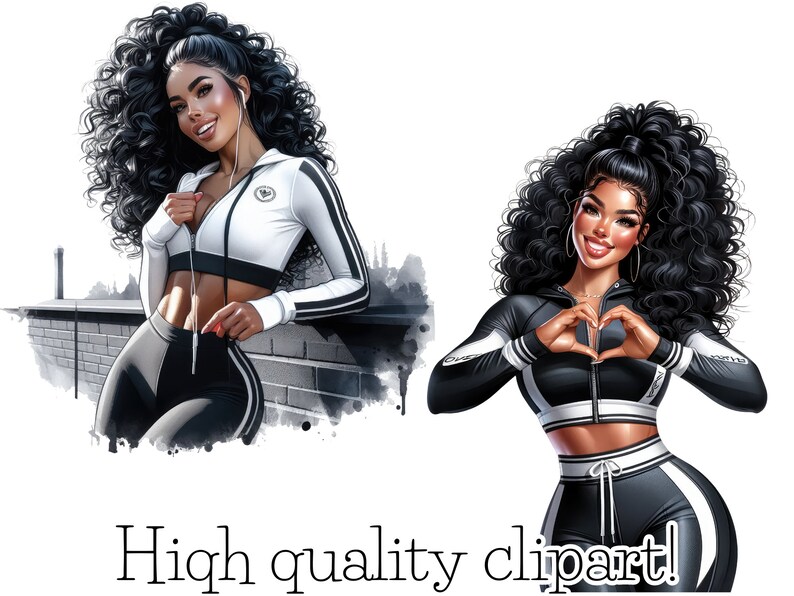 May include: Two women with long, curly black hair wearing black and white athletic outfits. One woman is standing with her hand on her hip, while the other woman is making a heart shape with her hands.