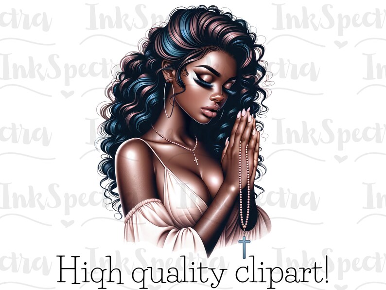 May include: A digital illustration of a woman with long, curly blue and pink hair, wearing a white dress and a pearl necklace with a cross pendant. She is praying with her hands clasped together.