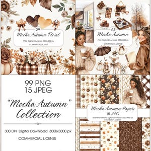 May include: Digital art collection titled "Mocha Autumn" featuring watercolor illustrations of fall themes. Includes floral designs, pumpkins, and figures with coffee cups. The collection includes PNG and JPEG files.