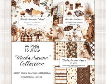Watercolor Autumn Clipart Bundle, Floral Stickers, Pattern Paper (Digital Download)