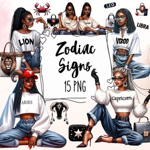 Black Girl Zodiac Clipart | Astrology Digital Stickers | Horoscope Signs PNG | Zodiac Printable Art | Aquarius Virgo Libra PNG