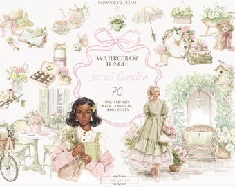 May include: Watercolor bundle titled "Secret Garden" featuring 70 PNG clip arts. The image showcases a collection of floral illustrations, including a teapot, teacup, flowers, a bicycle, a woman, and a dog. The color palette is soft, with pastel pinks, greens, and creams.