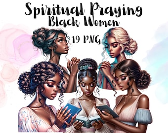 Spiritual Praying Black Woman, Planner Sticker for Black Woman Praying, Self Love Clipart Bundle, Spiritual,Reading Bible, Religious Planner