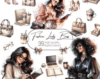 Può includere: Un set di clipart digitale con 39 illustrazioni di accessori di moda, tra cui borse, scarpe, trucco e gioielli. Il set include anche illustrazioni di donne con abiti eleganti, con il testo "Fashion Lady Boss" e "39 high quality digital clipart".