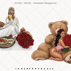 May include: Digital illustration featuring a woman in a white robe enjoying breakfast in bed, a bouquet of red roses, and a large teddy bear. The image includes the text "25 PNG | 300 DPI | Transparent Background."