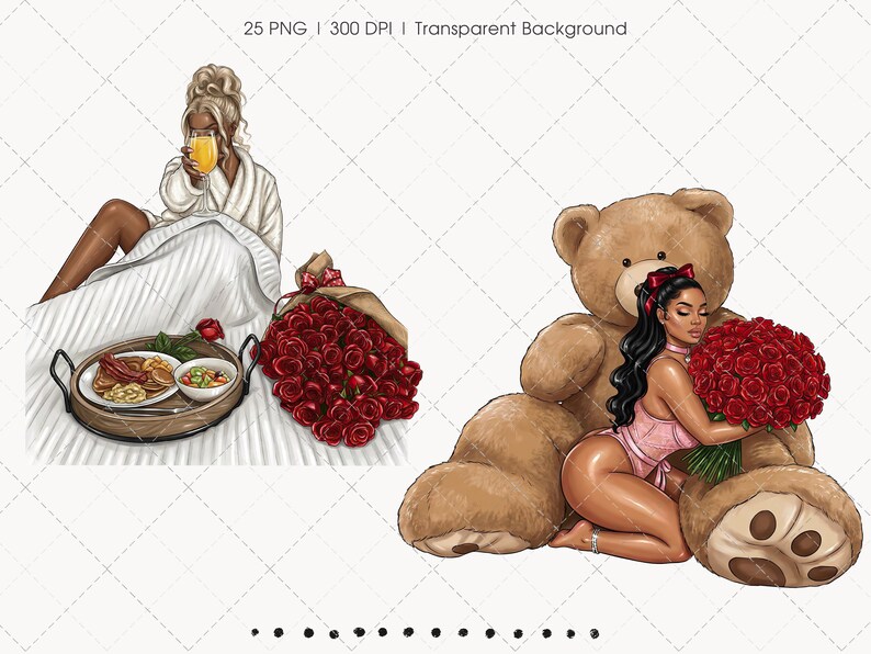 May include: Digital illustration featuring a woman in a white robe enjoying breakfast in bed, a bouquet of red roses, and a large teddy bear. The image includes the text "25 PNG | 300 DPI | Transparent Background."