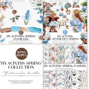 Op de afbeelding: Een digitale downloadset met aquarel illustraties met hyacinten, bloemen en lente-esthetiek. De set bevat 29 PNG-bestanden met bloemen, 52 PNG-bestanden met stickers, 81 PNG-bestanden en 20 JPEG-bestanden van een collectie, en 20 JPEG-bestanden met naadloze patronen. De illustraties zijn perfect voor planners, scrapbooking, notitieboekjes en journalen.