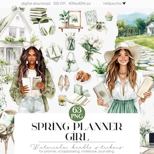 Planificateur de printemps fille Clipart, esthétique printanière, Clipart fille noire, agenda Lady Boss Spring Garden, autocollant numérique, scrapbooking
