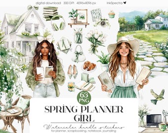 May include: Watercolor digital art featuring two women, houses, and spring-themed objects. Includes books, flowers, a purse, shoes, and croissants. The text reads "Spring Planner Girl" and "Watercolor bundle stickers for planner, scrapbooking, notebook, journaling."