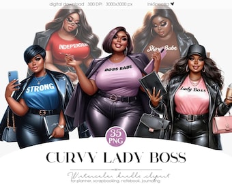 Curvy Black Woman Clipart, Boss Babe PNG (Digital Download)