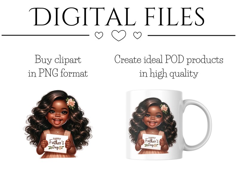 May include: Digital clipart of a young girl with brown skin and long curly brown hair holding a card that says "Happy Father's Day". The girl is wearing a pink dress and a flower in her hair. The image is suitable for creating products like mugs, t-shirts, and phone cases.