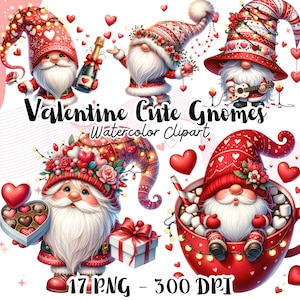 Gnomo de San Valentín en acuarela, regalo de San Valentín, clipart del día de San Valentín, gnomos encantadores PNG, clipart de gnomos de fantasía, imprimible de San Valentín