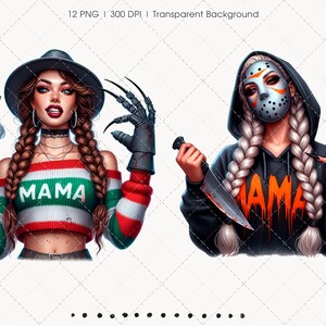 Pu&ograve; includere: Illustrazione digitale di due donne. Una indossa un cappello da strega, un maglione a righe con "MAMA" e tiene in mano un caff&egrave;. L'altra indossa una maschera da hockey e una felpa con cappuccio con "MAMA", tenendo un coltello. Entrambe hanno lunghe trecce.
