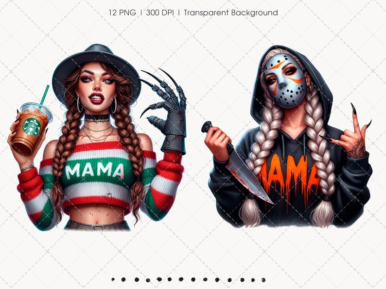 Pu&ograve; includere: Illustrazione digitale di due donne. Una indossa un cappello da strega, un maglione a righe con "MAMA" e tiene in mano un caff&egrave;. L'altra indossa una maschera da hockey e una felpa con cappuccio con "MAMA", tenendo un coltello. Entrambe hanno lunghe trecce.